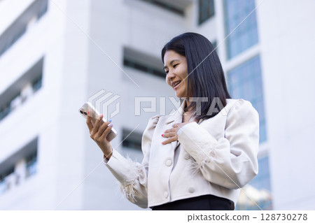 Future remote work combines technology smart phone connection online white digital business woman enable e-learning productivity while travel blend comfort modern devices serenity computer equipment 128730278