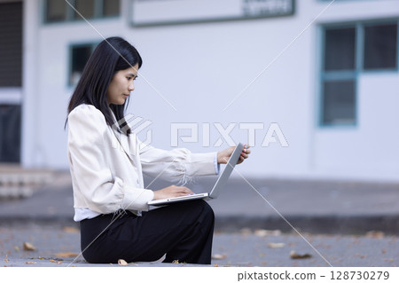 Future remote work combines technology smart phone connection online white digital business woman enable e-learning productivity while travel blend comfort modern devices serenity computer equipment 128730279