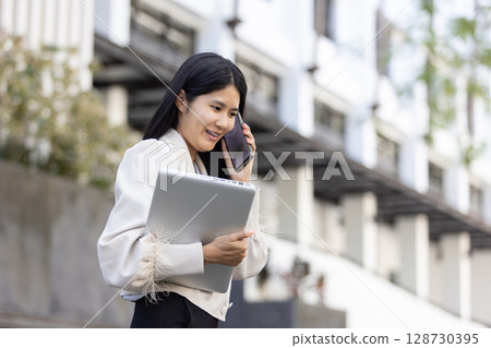 Future remote work combines technology smart phone connection online white digital business woman enable e-learning productivity while travel blend comfort modern devices serenity computer equipment 128730395