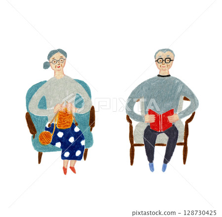 Hand-drawn illustration: A friendly elderly couple 128730425