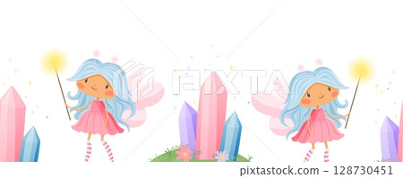 Seamless border with cute fairies, magic wands and colorful crystals Seamless border with cute fairies, magic wands and colorful crystals 128730451