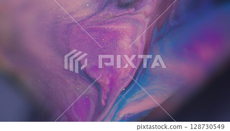 Ink stains. Ripple splash. Defocused purple blue pink color water sparkling texture floating on abstract creative bokeh background. 128730549