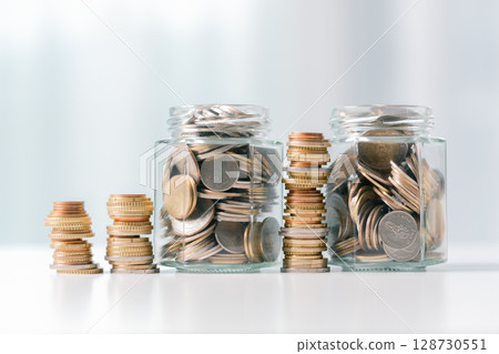 Business save money coin growth concept involves strategic financial management investment loan bank real estate economic development encourage buy income stack investment economy return accountancy 128730551