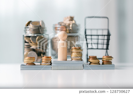 Business save money coin growth concept involves strategic financial management investment loan bank real estate economic development encourage buy income stack investment economy return accountancy 128730627