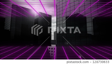 Image of purple squares over cityscape 128730633