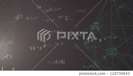 Image of network of connections with icons on grey background Image of network of connections with icons on grey background 128730643