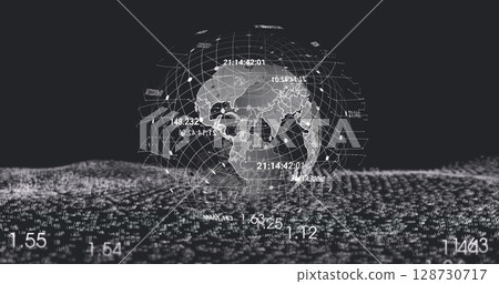 Image of globe rotating over digital space on black background 128730717