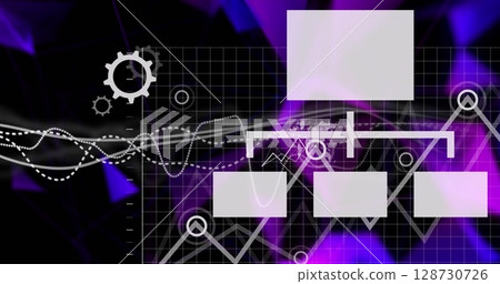Image of graphs and technology items over black and violet background 128730726