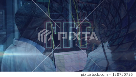 Image of nft and data processing over diverse it engineers by computer servers 128730756