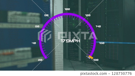 Image of speed gauge and data processing over computer servers Image of speed gauge and data processing over computer servers 128730776