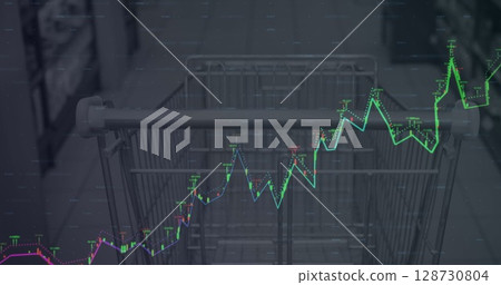 Financial data processing and world map against empty shopping cart in grocery store Financial data processing and world map against empty shopping cart in grocery store 128730804