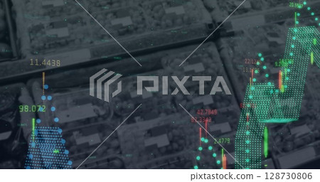 Financial data processing against fruits and vegetable containers in grocery store Financial data processing against fruits and vegetable containers in grocery store 128730806
