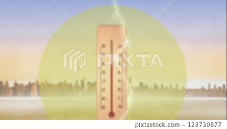 Image of thermometer over cityscape and yellow circle 128730877