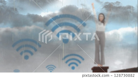 Image of wi fi icons over woman and rainy sky Image of wi fi icons over woman and rainy sky 128730882