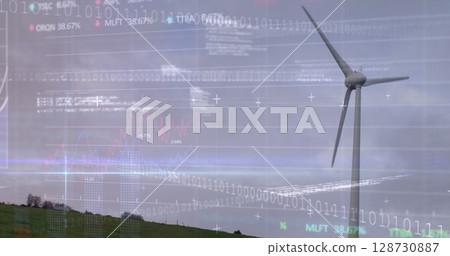 Image of financial graphs over wind turbine 128730887