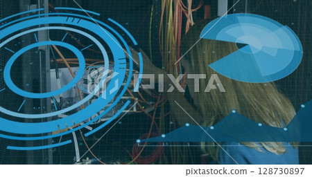 Image of data processing over caucasian woman checking servers 128730897