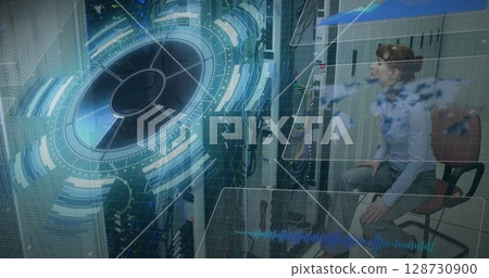 Image of data processing over caucasian woman checking servers Image of data processing over caucasian woman checking servers 128730900