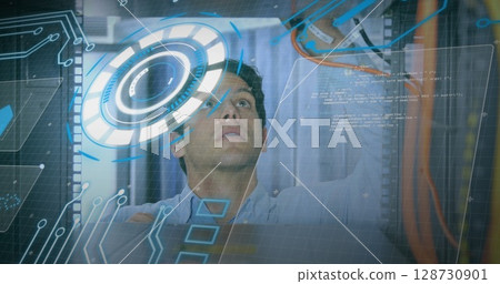 Image of processing circle and data over caucasian man checking servers 128730901