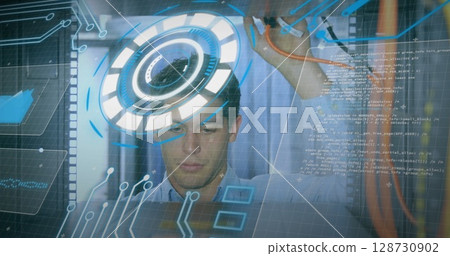 Image of processing circle and data over caucasian man checking servers Image of processing circle and data over caucasian man checking servers 128730902