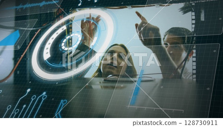 Image of data processing over caucasian man and woman checking servers Image of data processing over caucasian man and woman checking servers 128730911