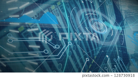 Image of processing circle and 5g over computer wires 128730918