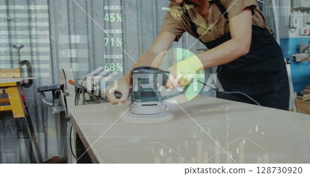 Image of world map and data processing over caucasian female carpenter working in workshop Image of world map and data processing over caucasian female carpenter working in workshop 128730920