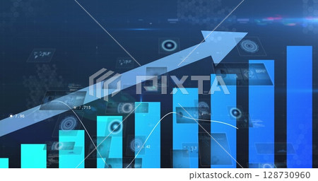 Image of blue arrow, graph with data processing and scope scanning over blue background Image of blue arrow, graph with data processing and scope scanning over blue background 128730960