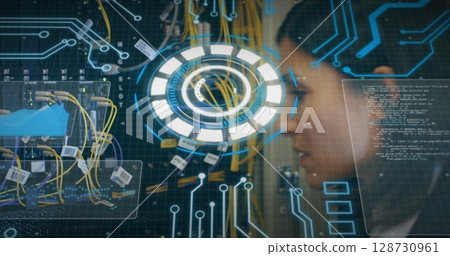 Image of round scanner and data processing over female engineer working at server room 128730961