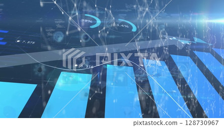 Image of blue arrows, graph with data processing and scope scanning over blue background Image of blue arrows, graph with data processing and scope scanning over blue background 128730967