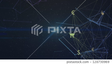 Image of network of connections with icons in navy space Image of network of connections with icons in navy space 128730969