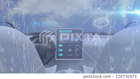 Image of data processing and network of connections over self driving car interior and blue sky Image of data processing and network of connections over self driving car interior and blue sky 128730979