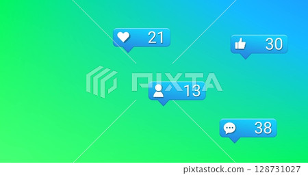 Image of social media reactions over green and blue background Image of social media reactions over green and blue background 128731027