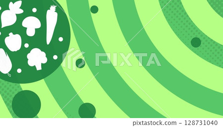 Image of vegetables in circle and dots moving on green striped background Image of vegetables in circle and dots moving on green striped background 128731040