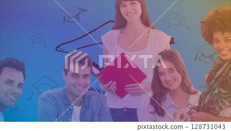Image of happy diverse students over graduation hat and blue background 128731043