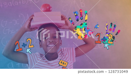 Image of numbers and hands over happy african american boy 128731049