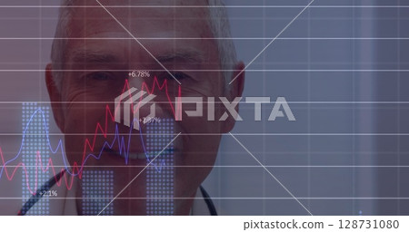 Image of financial graphs over happy senior caucasian male doctor looking at camera Image of financial graphs over happy senior caucasian male doctor looking at camera 128731080