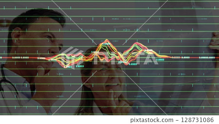 Image of financial graphs over thoughtful caucasian male and female doctor 128731086