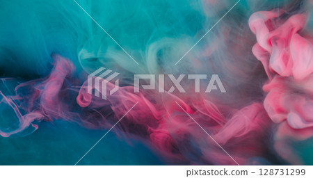 Fog paint. Acrylic water. Defocused pink blue color swirling liquid smoke pigment wet mist floating on abstract creative background. 128731299