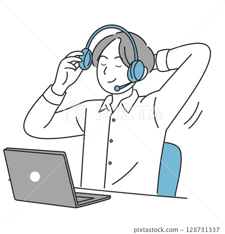 一位男士摘下耳機並伸展身體的插圖 128731337