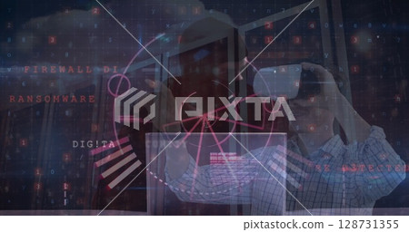 Image of cyber security data processing over male hacker and caucasian man wearing vr headset Image of cyber security data processing over male hacker and caucasian man wearing vr headset 128731355