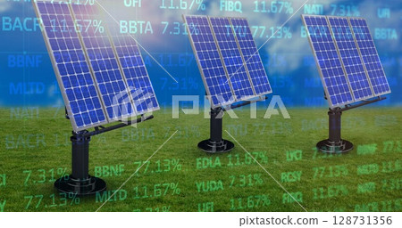 Rotating blue tinted solar panels tracking sunlight on black mounts in field, with data overlays Rotating blue tinted solar panels tracking sunlight on black mounts in field, with data overlays 128731356