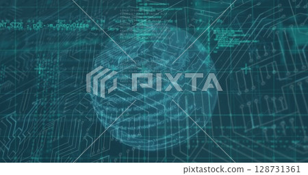 Image of microprocessor connections and data processing over spinning globe on blue background Image of microprocessor connections and data processing over spinning globe on blue background 128731361