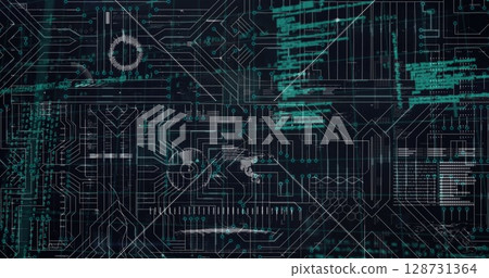 Image of interface with data processing over microprocessor connections against black background Image of interface with data processing over microprocessor connections against black background 128731364