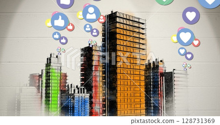 Image of media icons over cityscape Image of media icons over cityscape 128731369