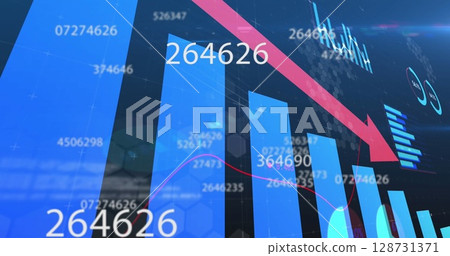 Displaying blue bars trending downward in stock dashboard, with red arrow and pink trend overlays 128731371