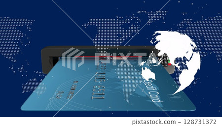 Image of data processing and globe over blue background 128731372