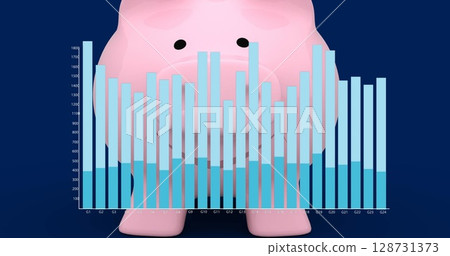 Image of piggy bank over financial graphs on navy background 128731373