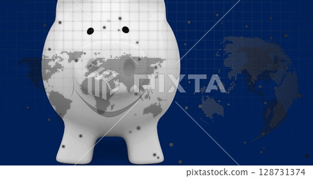 White piggy bank displaying dotted world map on blue background, with grid lines and globe motifs 128731374