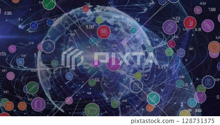 Image of network of connections with icons and data processing over world map 128731375