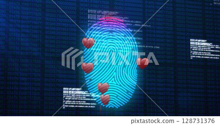 Image of red shapes and human model over data processing on interface 128731376